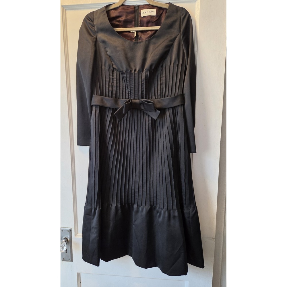 Vintage 80's Gene Roye Black Satin Pleated Fit And Flare Dress. Bow At Waist.